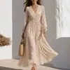 Vestido Largo de Chifón Floral Estilo Europeo y Americano Cuello en V Mangas Largas Abullonadas Cintura Ceñida Plisado Estilo Resort Dobladillo Ancho Ropa para Mujer
