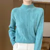 Suéter de tricô premium 100% lã, novo estilo outono/inverno, gola semimédia, modelagem solta, trançado grosso, pulôver para mulheres
