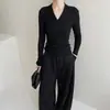 Suéter de Tricô Gola V Estilo Coreano para Mulheres, Roupa de Primavera, Manga Longa, Suéter Cinza de Alta Qualidade, Top de Corte Ajustado, Estilo Minimalista para Outono e Inverno