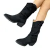 Botas de Tacón Grueso Marrón Retro con Corte en V hasta Media Pantorrilla para Mujer, Botas Vaqueras de Punta Aguda Otoño/Invierno 2026, Transfronterizas