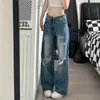 Jeans de Verano Rectos Holgados Únicos Rasgados Estilo Americano Adelgazantes de Moda Callejera para Mujer