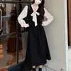 Vestido largo de retazos de encaje con cordones y lazo, estilo falso dos piezas, cuello en V para mujer, estilo francés para primavera y otoño, línea A de alta gama entallado a la cintura