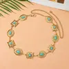Acessório de corrente de cintura vintage estilo ocidental transfronteiriço para mulheres, perfeito para combinar com vestidos; cinto geométrico oval incrustado de turquesa