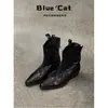 Versão em couro genuíno~5CM de altura, bico fino, Chelsea, cano curto para mulheres, novo estilo outono/inverno, retrô, forrado com fleece, plissado, preto, botas de cano justo