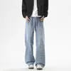 Calça Jeans Xadrez Azul Masculina 2025 Outono Novo Cordão Visual Emagrecedor Americano High Street Calça Reta Solta