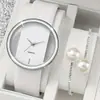 Cinturón Elegante de Moda Hueco Transparente Creativo Reloj de Cuarzo para Pareja Pulsera de Perlas Listo para Entrega