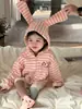 Ropa Infantil Estilo Coreano Nueva Otoño 2026: Sudadera con capucha de rayas y orejas de conejo para niña, chaqueta con cremallera y leggings