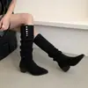 Primer Encuentro Ji Botas Apiladas de Dos Usos con Pliegues Franceses Caña Alta Largas para Mujer 2026 Otoño/Invierno Retro Tacón Medio Grueso Punta Fina Sobre