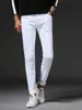 Calças jeans brancas para homens 2023 slim fit rasgadas jeans masculinos para adolescentes calças skinny elásticas peça única atacado