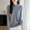 Suéter de tricô puro lã estilo coreano, gola semi-alta, meio aberto, para mulheres, outono e inverno, pullover com manga de crochê