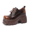 10cm Novo couro genuíno salto alto plataforma cadarço salto grosso camada única sapatos femininos fundo grosso retro bico redondo sapatos casuais plataforma sapatos
