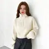 Suéter Vermelho com Gola Alta e Zíper Parcial para Mulheres, Novo Estilo Coreano Outono/Inverno 2026 Estilo Solto Preguiçoso Tricô com Gola Reversível