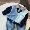 Suéter Falso de Duas Peças Estilo Academia para Meninos e Meninas Outono e Inverno Cor Azul Color Blocking Gola Polo Tricô Bebê Casual Pulôver