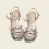 Sandalias Francesas de Piel de Cordero con Tacón Medio-Alto de Una Correa Estilo Hada Nuevo Verano Temperamento Tacón Grueso Plateado Zapatos Romanos