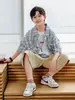 Nueva Camisa de Manga Corta de Algodón Puro Estilo Preppy de Verano 2025 para Niños Camisa a Cuadros de Media Manga para Niños Panda Yuan Yuan