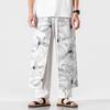 Pantalones de algodón y lino con estampado de grullas estilo chino nuevos de verano, pantalones de lino de pierna ancha estilo retro talla grande para hombre