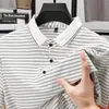 Camisa Polo Rayada de Manga Corta de Seda de Hielo de Venta Caliente de Verano para Hombre, Camiseta Casual Transpirable Delgada de Media Manga para Hombre de Mediana Edad