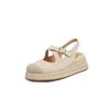 Sandalias de Cuña de Paja Estilo Vacacional con Tira Cruzada y Punta Redonda, Puntera y Talón de Piel de Cabra Genuina para Mujer, Verano 2025, Tacón Medio