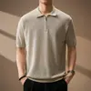 Camisa de Tricô Masculina Manga Curta Estilo Old Money com Gola Reversível e Zíper, Camiseta Pulôver para Adolescentes, Retro Japonês Tendência Versátil