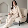 Conjunto de Pijama Feminino Outono e Inverno Espessado Macio Meio Veludo Cardigan com Lapela Manga Longa Quente Lã de Coral Roupa de Casa