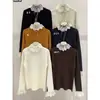 Top de punto otoño e invierno nuevo, estilo francés, cuello alto medio, cuello de sol con encaje empalmado, manga larga, corte ajustado, para mujer