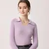 Suéter de cachemira 100% pura con cuello polo para mujer, corte ajustado, elegante, adecuado para el trabajo, capa base de punto