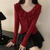 Cárdigan de Punto Rojo Año Nuevo con Cuello en V con Volantes Franceses para Mujer Otoño e Invierno Ajustado Elegante de Gama Alta Chaqueta Suéter Grueso
