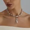 Joyería transfronteriza europea y americana: Collar de perla barroca irregular y fragmento de plata para mujer, cadena para la clavícula con borla de estilo funcional futurista