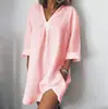 Vestido de verano de lino y algodón con cuello en V y siete mangas para mujer, estilo europeo y americano, de comercio exterior transfronterizo de Amazon AliExpress.