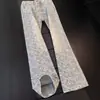 Jeans jacquard azul claro para hombre, marca de tendencia de otoño, pantalones elegantes de streetwear, vibra de la alta calle americana, jeans de pierna recta acampanados