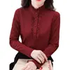 Elegante Camisa de Cuello Semi Alto, Elegante de Gama Alta, Dulce Camiseta Interior con Dobladillo de Orejas, Top Cálido de Manga Larga para Mujer
