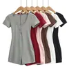 Y20101-26 Mono Camiseta de Manga Corta Estilo Verano Color Macarrón con Botones Ocultos, Corte Ajustado Estilo Coreano, Liso con Cuello en V