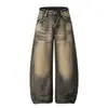 Calça Jeans Vintage Lavada Retro Americana com Textura Slub e Barra Curva para Homens e Mulheres, Design High Street 2026 Calças Jeans Wide-Leg