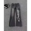 Jeans para hombre con estampado de rayo azul y letras, pantalones con vibra ajustados para otoño e invierno, pantalones rectos de alta calle americanos
