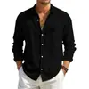 Amazon Americano Transfronterizo para Hombre Nuevo Casual Algodón Lino Manga Larga Botones Cardigan Holgado Transpirable Color Sólido Camisa Hombre