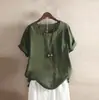 Camiseta Casual de Algodón y Lino para Mujer, Manga Corta, Cuello Redondo, Botones, Estilo Europeo y Americano, para Vacaciones y Calle, 2024