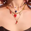 Xinyixinxin Acero Inoxidable Rojo Tacón Alto Corazón Circonia Diamante Completo Doble Capa Cadena para Clavícula DIY Collar con Múltiples Accesorios No se Desvanece