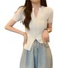 Cuello en V calado de punto moda cuello corto de punto chic verano mm camisa adelgazante irregular top francés