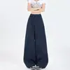 Calça Casual Azul Marinho de Perna Larga para Mulheres, Novo Estilo Verão 2025, Cintura Alta, Solta, Relaxada, Calça Reta Fresca