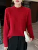 Suéter casual de punto trenzado 100% lana con cuello semi-alto para mujer, top de punto grueso de lana pura holgado para otoño e invierno