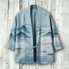 Novo Kimono Capa de Algodão com Fivela Estampa Digital 3D Sete Mangas Camisa Roupão Cardigã Solto Haori