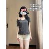 Playera de Manga Corta a Rayas Estilo Coreano Estilo Perezoso para Mujer Verano 2025 Nuevo Estilo Clavícula Hombro Descubierto Slim Casual Hombro Inclinado Top Trendy