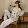 Pijama para Mujer de Primavera y Otoño, Nuevo Estilo Algodón Imitación Cuello Redondo Manga Larga Dulce y Lindo Casual Estudiante Ropa de Casa Conjunto que se Puede Usar Afuera
