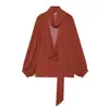 Roupas Femininas Transfronteiriças Estilo Francês Temperamento Preguiçoso Plissado Caimento Renda Cadarço Camisa Manga Longa Laço Decoração Top 7521252