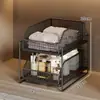 Mueble para lavabo de baño con estantes de almacenamiento, organizador extraíble para debajo del lavabo y almacenamiento en capas para artículos de tocador y desagües.