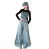 Conjunto Estilo Coreano para Meninas Primavera 2026 Novo Doce e Descolado Top Patchwork de Jeans em Forma de Coração Calça Jeans Wide-Leg Solta com Strass