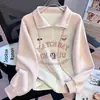 Blusa de Meio Zíper Soltinha Emagrecedora Doce para Primavera e Outono Novo Estilo 2025 Sudadera de Manga Longa com Gola Alta Estilo College para Meninas e Mulheres