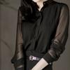 Camisa de Manga Larga para Mujer 2026, Nuevo Estilo Coreano Primavera/Verano, Ajustada Negra con Cuello Alto, Transparente de Gasa, Sexy Ol Top