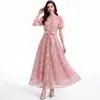 Comércio Exterior Roupas Femininas Foto Real: Vestido A-line Slimming de Renda Francesa Estilo Suave com Manga Curta, Gola Alta, Botões Frontais e Cintura Marcada
