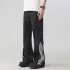 Calça Masculina Alta de Comprimento Estendido Estilo Americano Desconstruída com Zíper e Três Listras, Perna Larga, Marca da Moda Verão Seda de Gelo Solta de Perna Reta